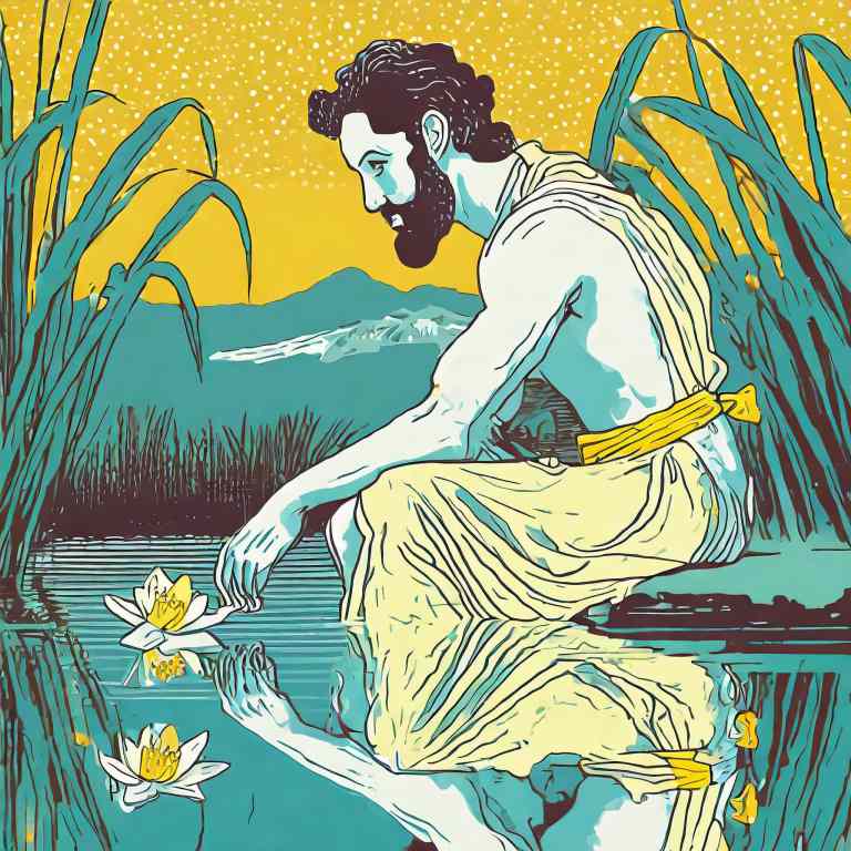 Narcissus looks at his own reflection in the reedy waters with love and admiration.