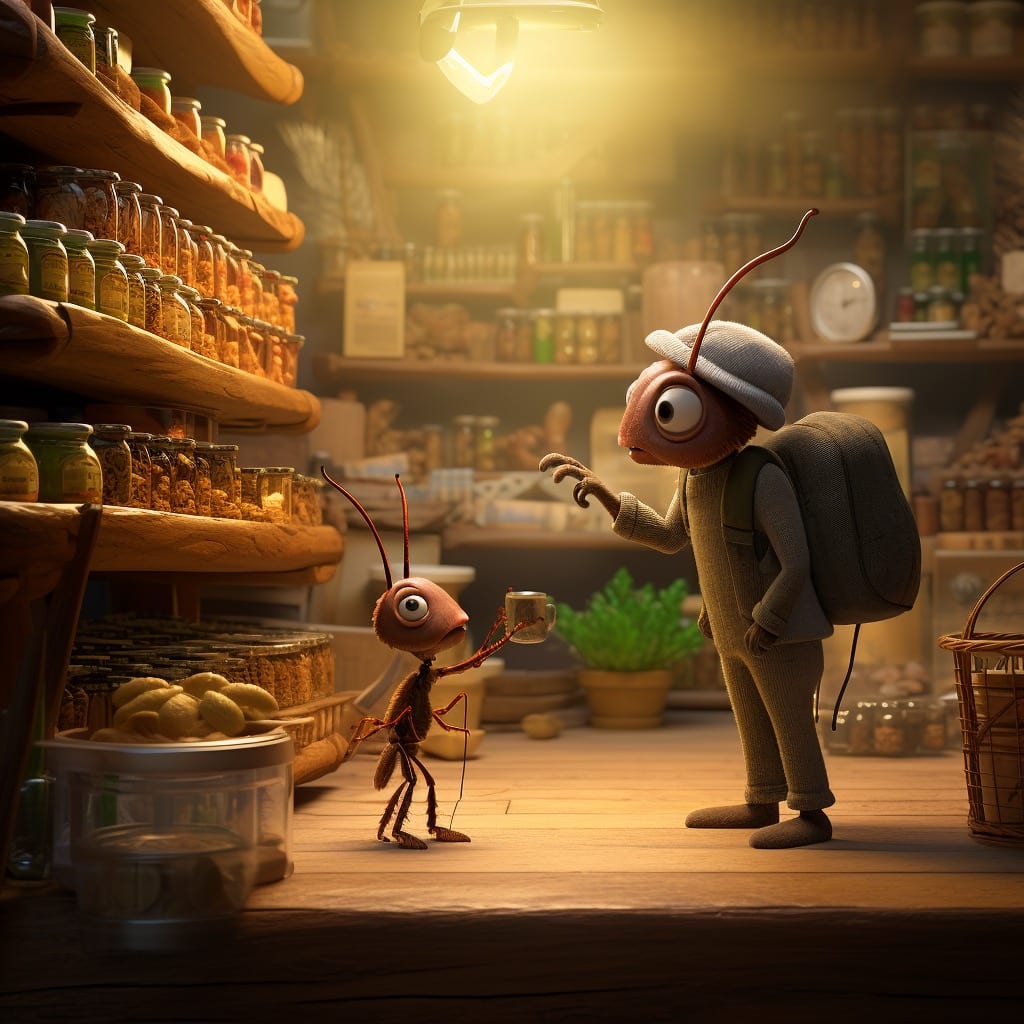 Ant offering a cup to an grasshopper in a whimsical pantry setting, embodying a fable theme with a poetic touch.