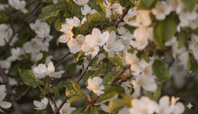 A photorealistic close-up of fresh dewdrops resting on white cherry blossoms and green leaves during a golden-hour springtime morning.