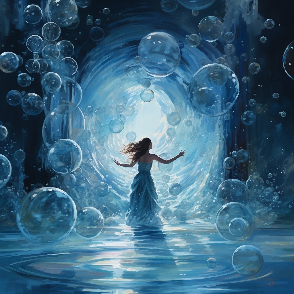 A dancer enjoys the sea of bubbling blue waters of a dreamy aquarium.