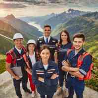 High-angle group photo of diverse men and women representing teachers, police officers, and firefighters, united in a show of solidarity and community service, posing with pride in their professional uniforms against ta scenic backdrop.