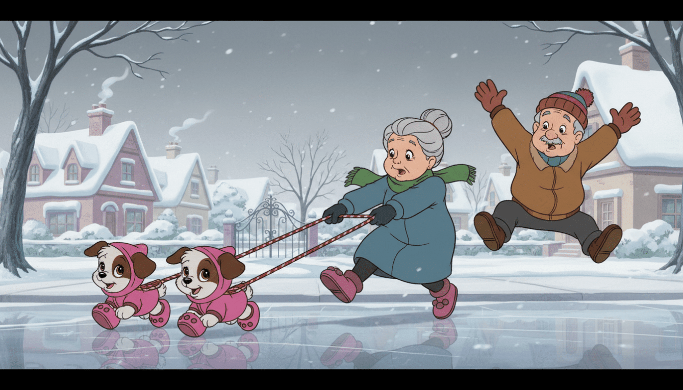 A classic Disney-style animation of two small puppies in pink ponchos and slippers pulling two elderly owners across a frozen, icy street toward a park gate on a snowy winter morning.