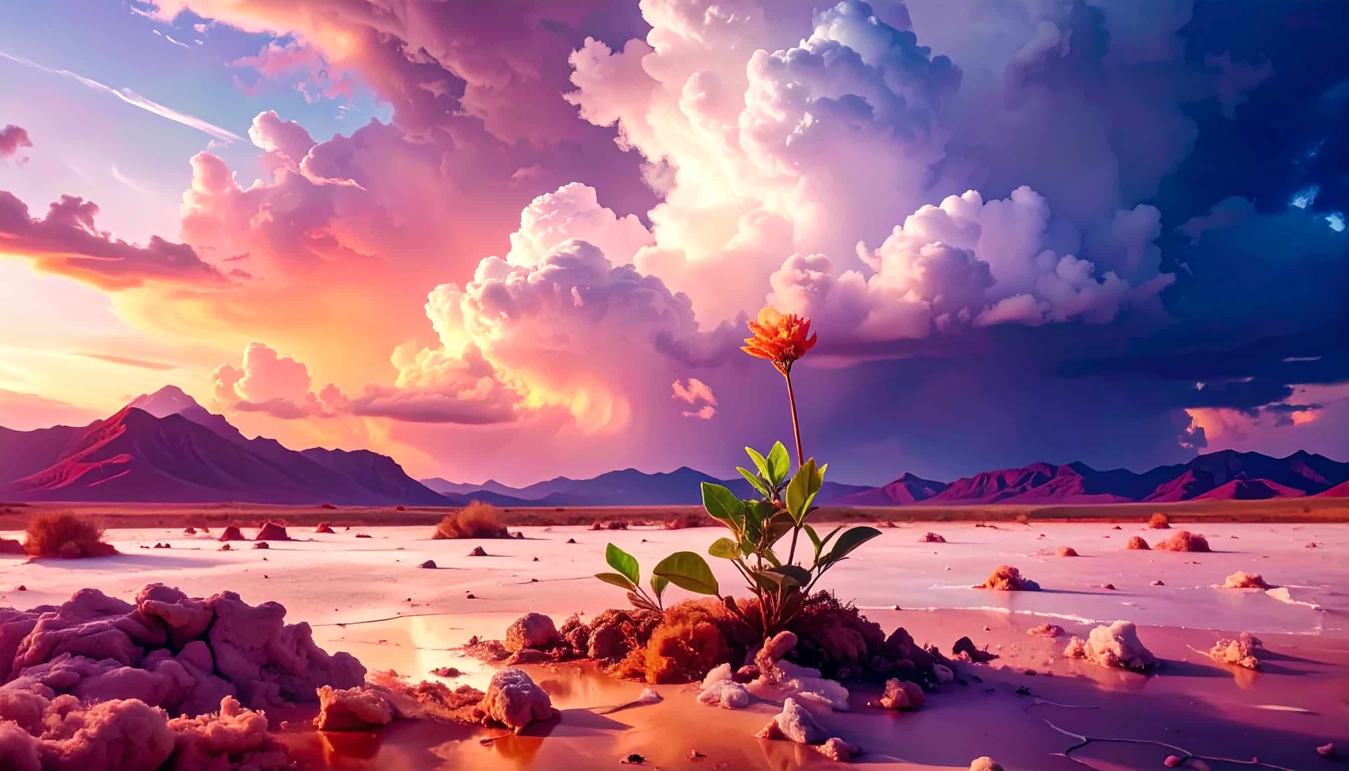 A small green plant emerging from dry, cracked soil beneath a cloudy sky, symbolizing efforts to replenish the earth.