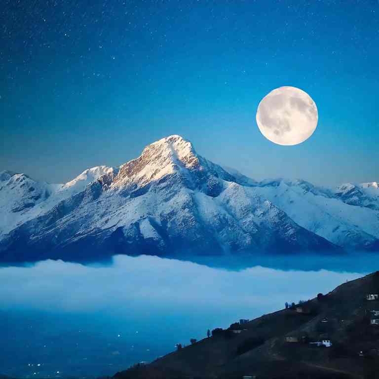 A tranquil night scene showcasing a full moon casting a soft glow on snow-capped mountains, with a layer of mist in the valley and faint lights from a mountainside village.