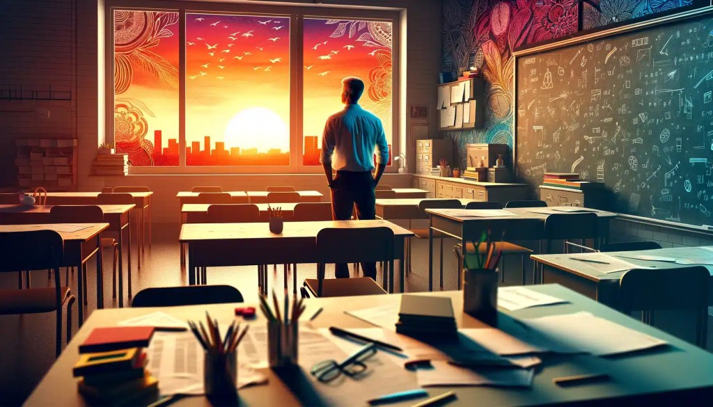 A contemplative teacher gazes out a classroom window at sunset, surrounded by empty desks and scattered planning materials, symbolizing the transition between academic seasons and the reflective period of school breaks.