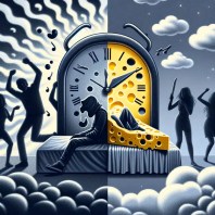 A visually subdued image divided diagonally, featuring an abstract representation of youthful nightlife with desaturated colors on the top, and a serene, mature setting with a character in a cheese-textured blanket in a nook below, connected by clouds symbolizing the transition from youth to maturity.