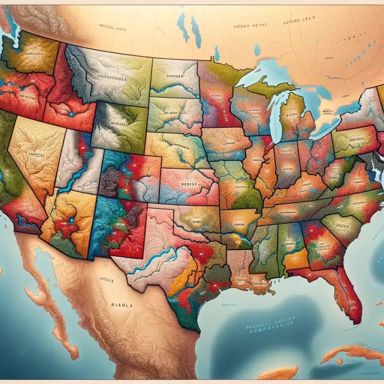 A map depicting gerrymandered districts in the United States, with irregular boundaries and uneven distribution.