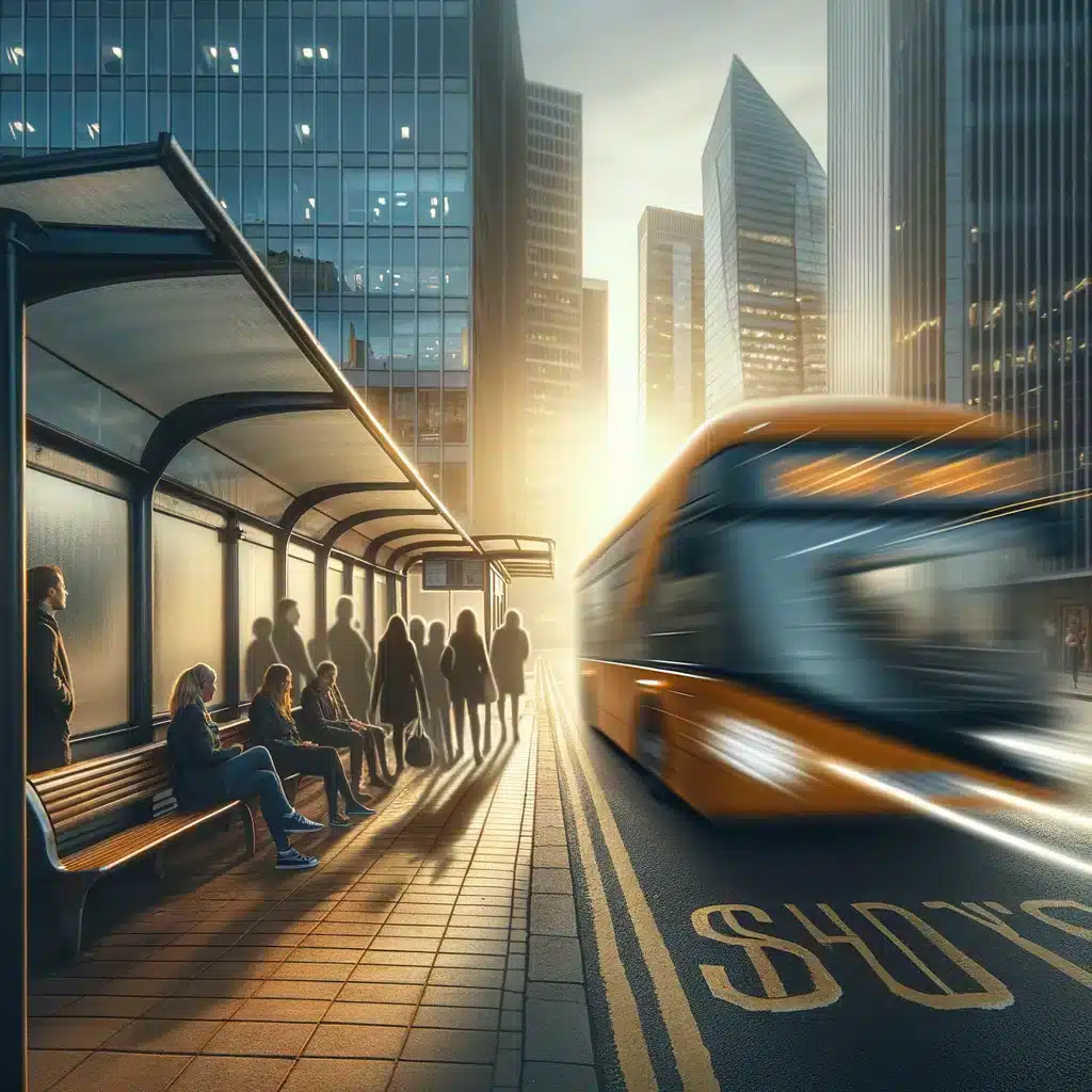 Blurred motion of a city bus in motion at sunset with commuters waiting at a bus stop in the urban business district.