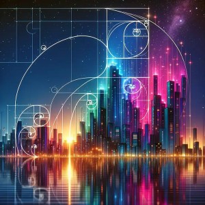 Abstract cityscape with Fibonacci-inspired buildings in neon lights against a twilight sky.