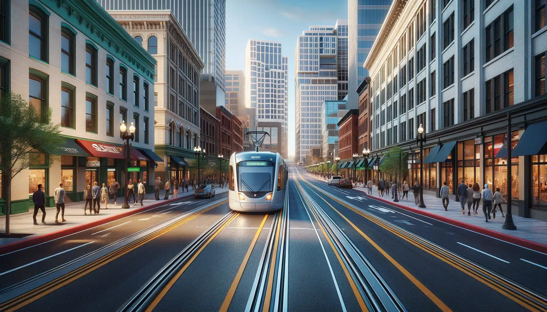 Architectural rendering of Downtown Salt Lake City's Main Street at road level, showcasing a modern light rail system in the center lanes, surrounded by pedestrian sidewalks, bustling with people, and lined with vibrant storefronts and contemporary buildings.