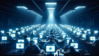 Students sitting in a dimly lit computer lab, showing frustration and fatigue in front of computers with spinning buffering icons, under fluorescent lights.