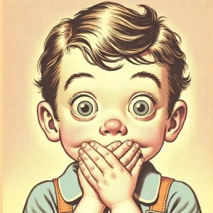 Illustration of a wide-eyed child holding hands over mouth in a vintage 1950s style, reminiscent of Dick and Jane books.