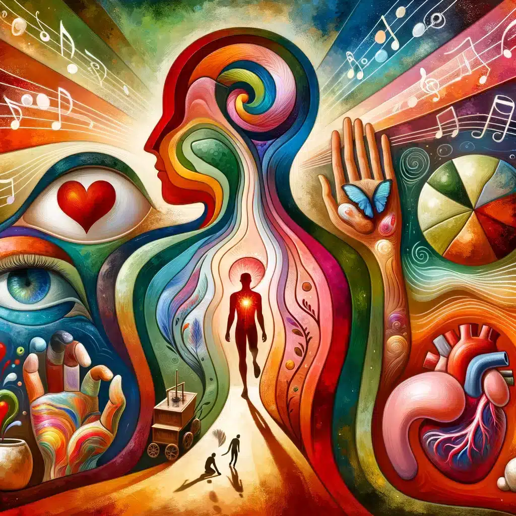 Illustration of a human silhouette segmented into parts representing the Eye, Ear, Hand, Foot, Heart, and Gut, each depicted with unique symbolic elements and colors to showcase their interconnected roles and contributions to the whole.