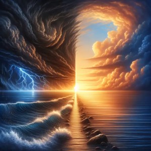 A landscape showing a transition from a stormy left side with dark clouds and lightning to a calm sunrise on the right, with a path leading from the storm to the tranquil sea under the sunrise.