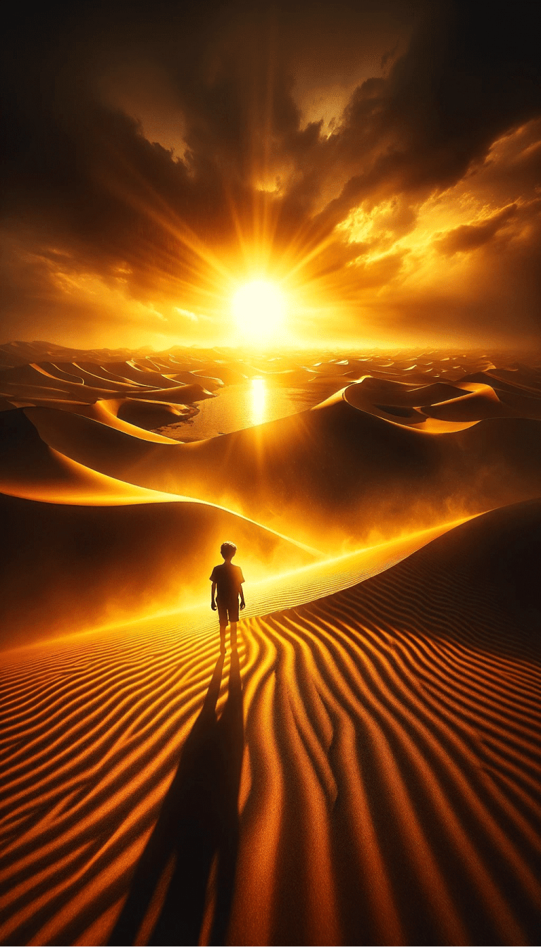 A lone boy stands at the edge of vast sand dunes under a sunset sky, filled with golden and amber hues. His silhouette is highlighted against the vibrant backdrop, emphasizing his isolation and quest. In the distance, a mirage of water shimmers, symbolizing hope in the desert's expanse.
