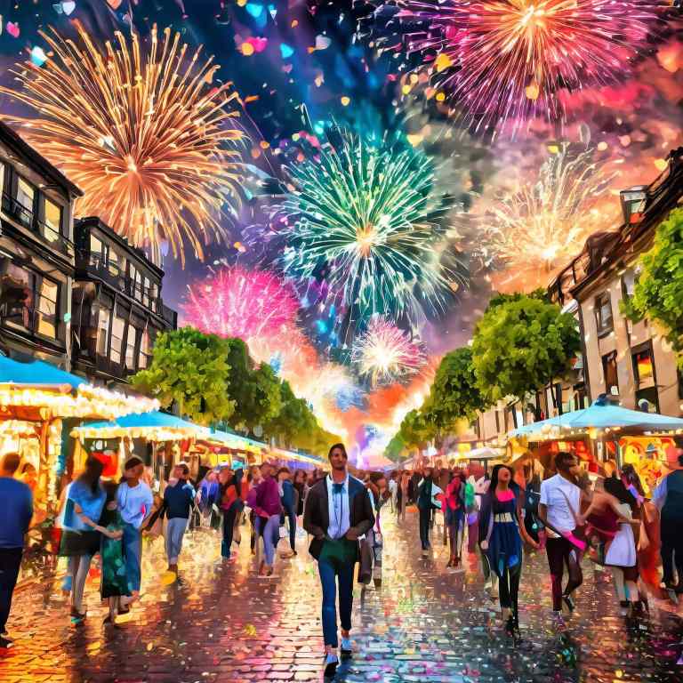 A serene scene of the perfect day, as people gather and celebrate in the streets, evoking warmth and tranquility.