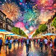 A serene scene of the perfect day, as people gather and celebrate in the streets, evoking warmth and tranquility.