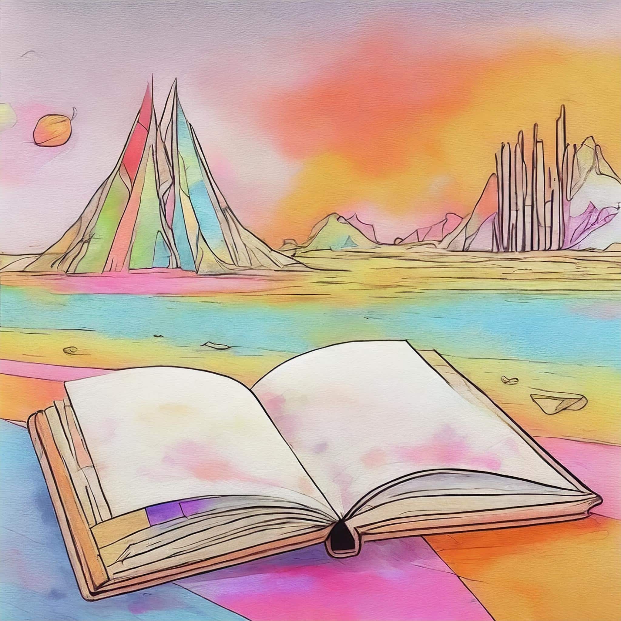 An open sketchbook on a colorful background with abstract representations of mountains and a sunset sky.