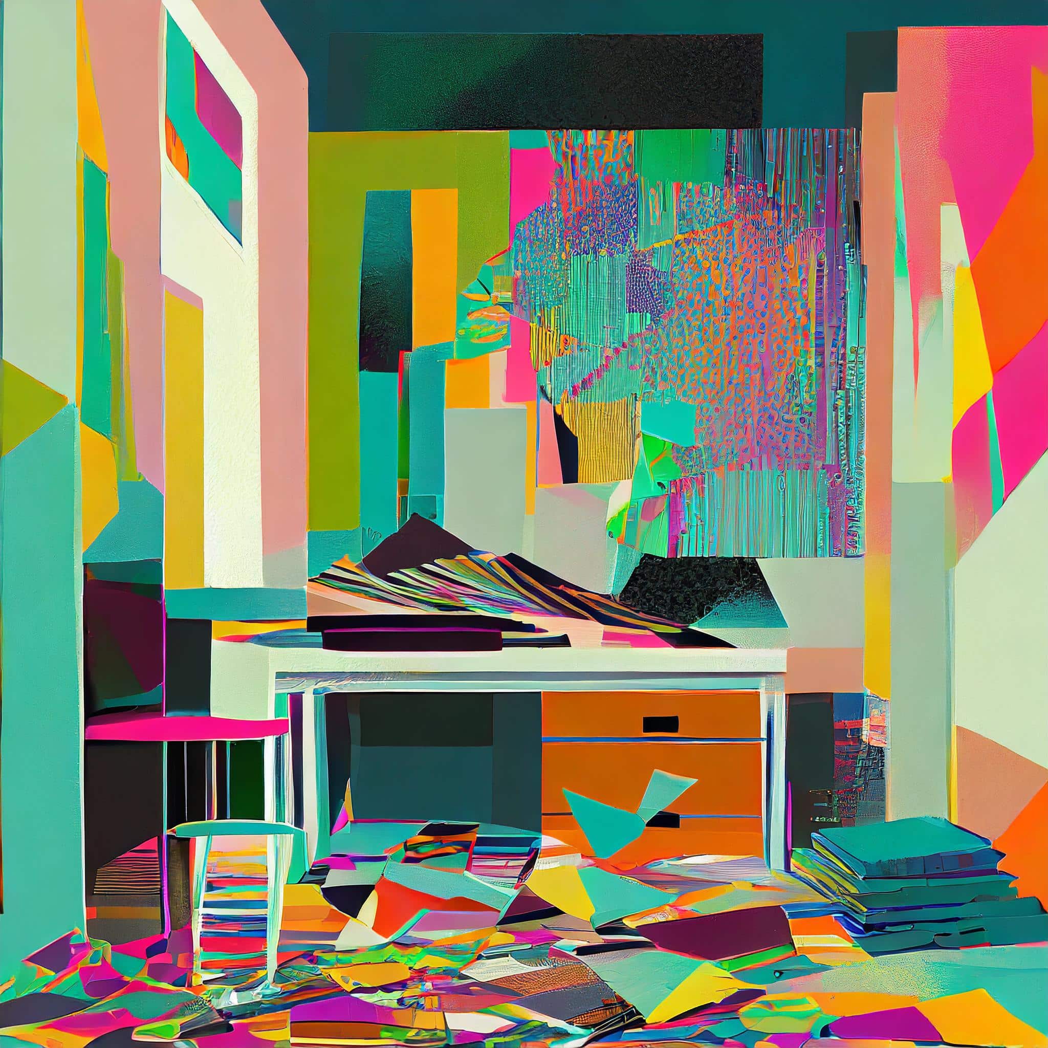 A serene scene of a home interior, with scattered clothes and wilted leaves, evoking a sense of quietude.