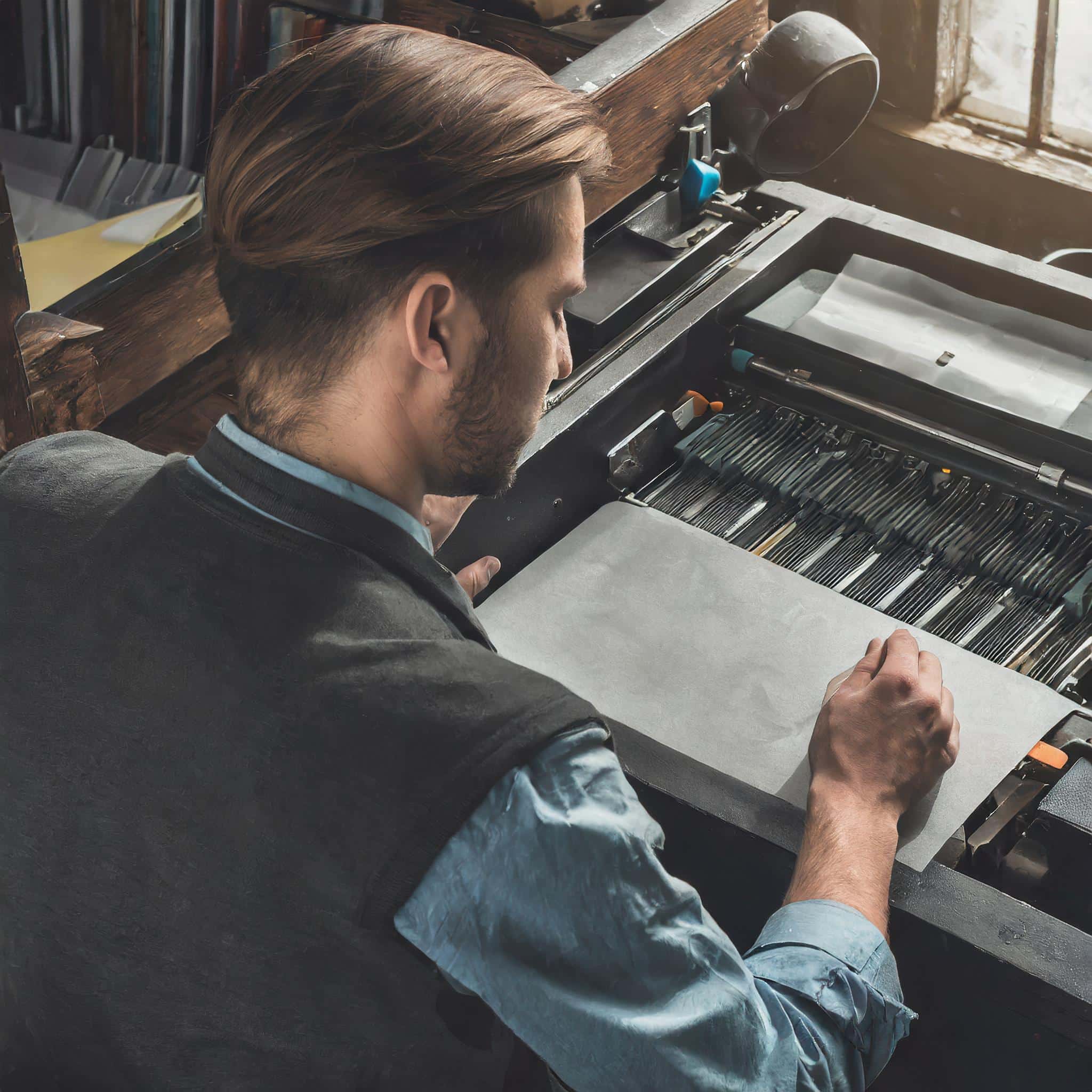 Young man operating a vintage printing press, viewed from behind.