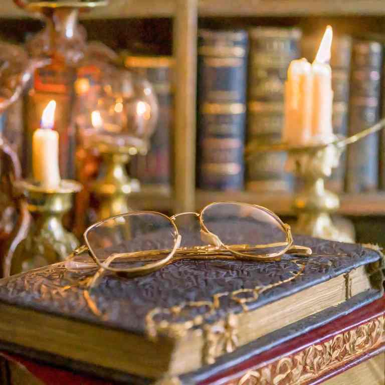 A cozy home library scene with a collection of antique biographies, a lit candle, and a pair of eyeglasses resting on top of an old book.