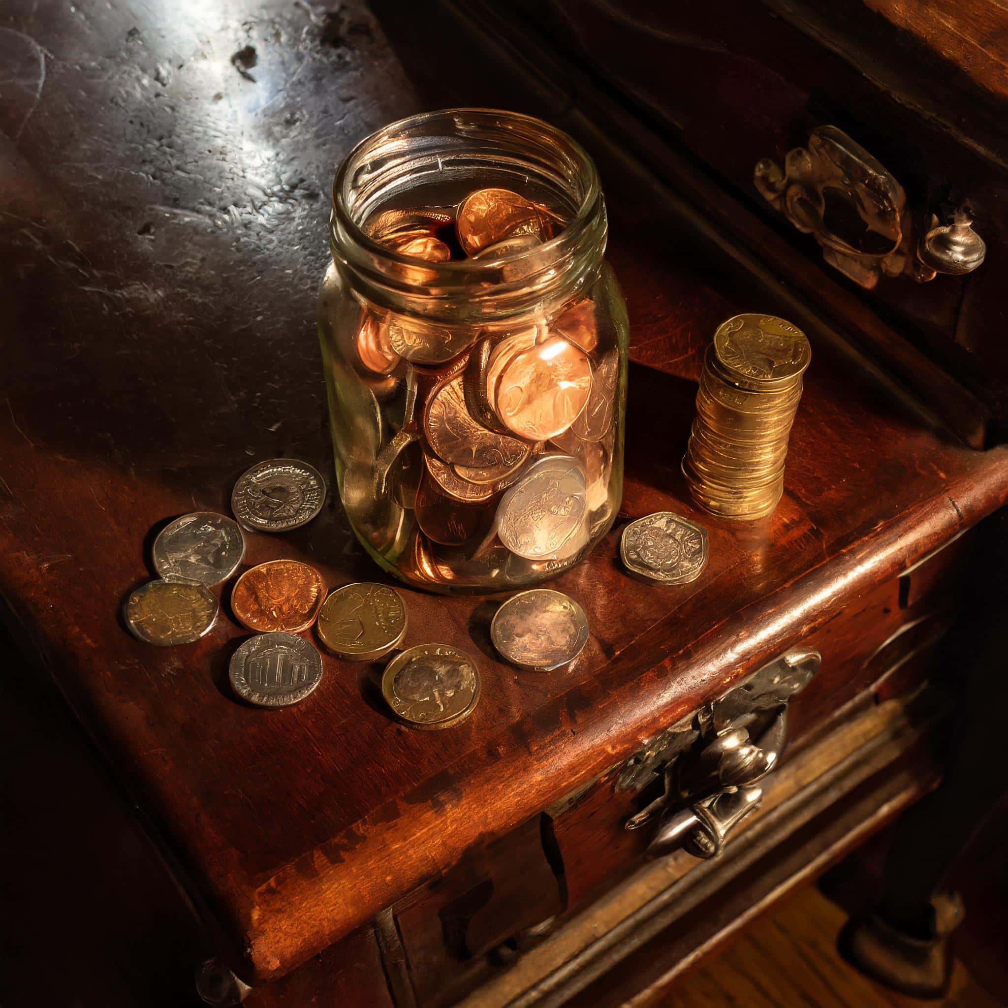 Mason jar filled with copper and silver coins on an antique dresser.