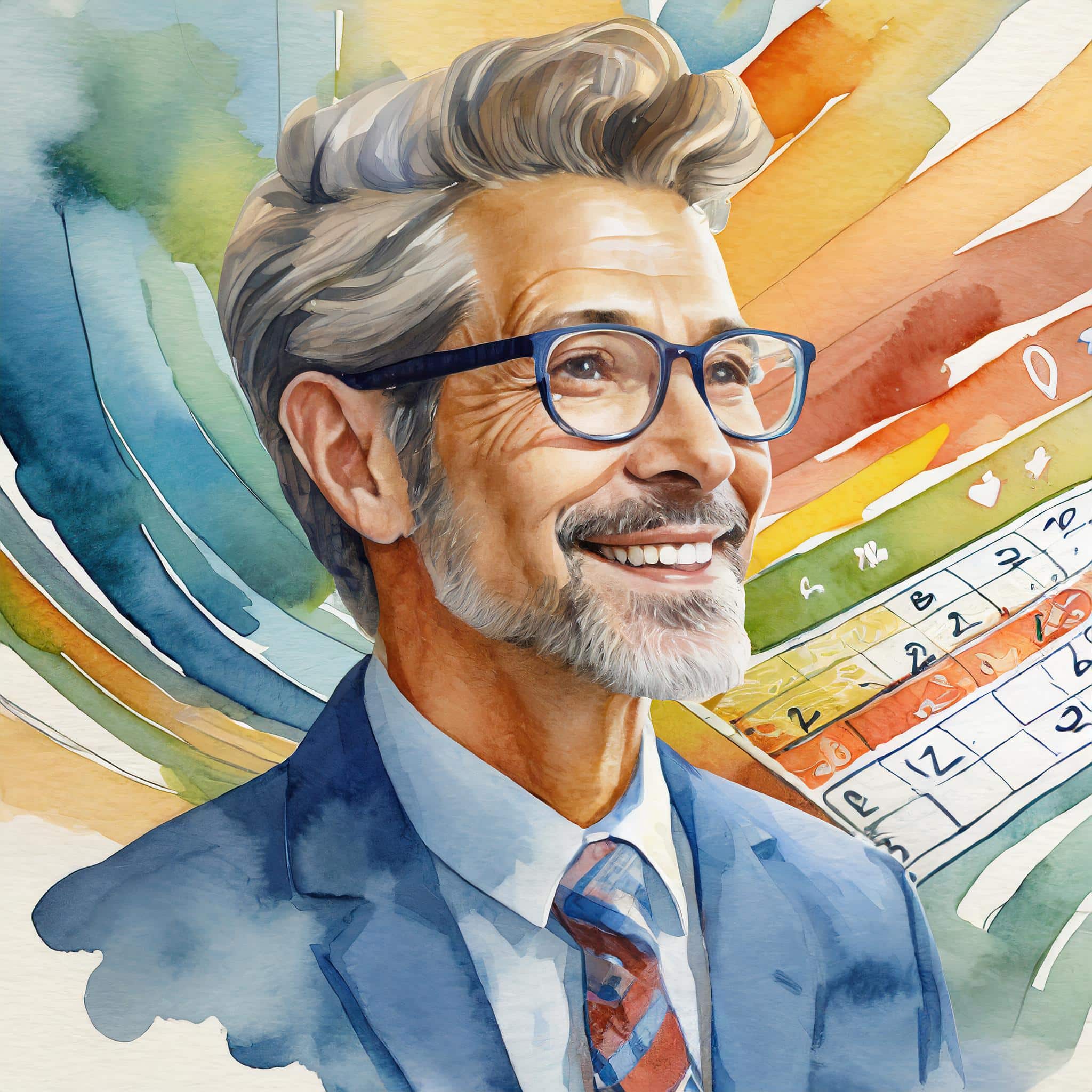 Illustration of a smiling older man with gray hair and a beard, wearing glasses, a blue suit, and a striped tie.