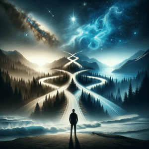 An image of a silhouette standing at a crossroads leading into diverse landscapes: a dense forest, towering mountains, an expansive ocean horizon, and a cosmic starry sky, symbolizing the journey of discovery and exploration.