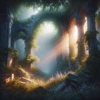 An ancient ruin, overgrown with nature and bathed in soft, glowing light, symbolizes hope amidst decay, surrounded by mist and blooming wildflowers through stone cracks.