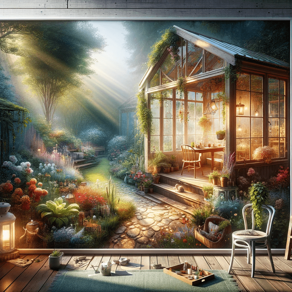 A cozy home and lush garden showcasing DIY improvements and budget-friendly enhancements, with a sunroom and vibrant plants.