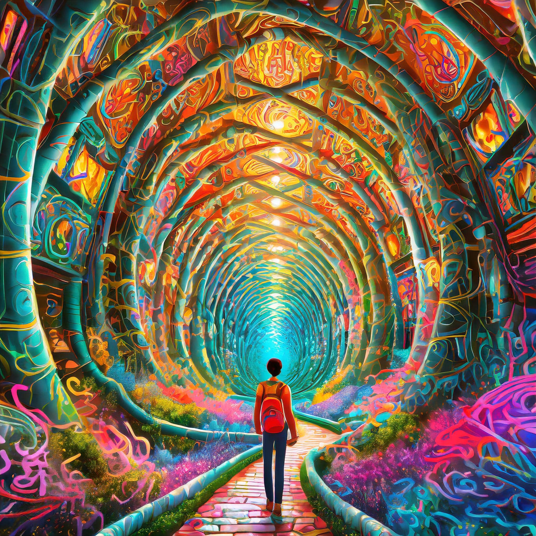 Person with a red backpack standing at the entrance of a vibrant, kaleidoscopic tunnel with walls adorned in intricate patterns and a glowing end in the distance.