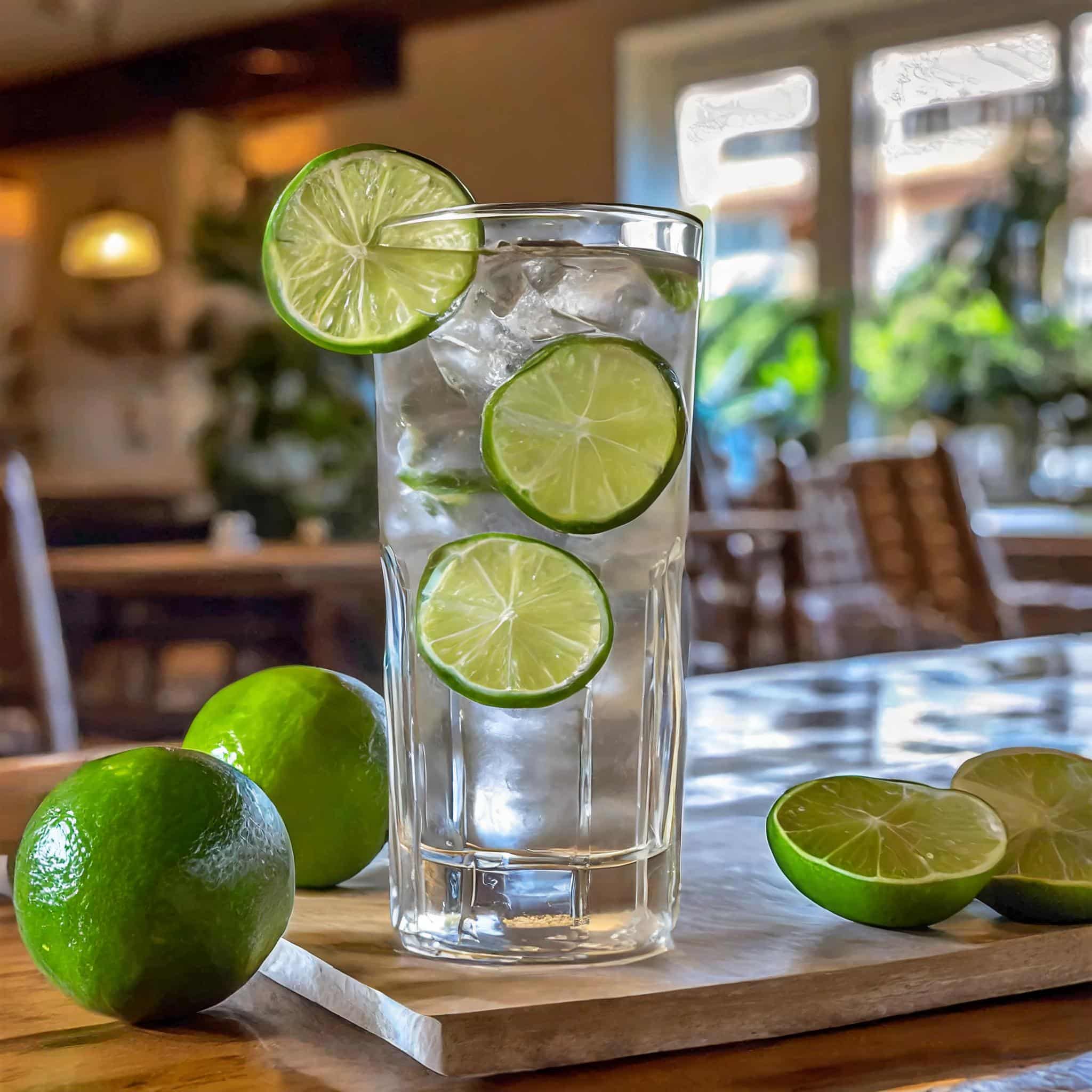Glass of ice water with lime slices on a wooden coaster.