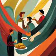 Abstract illustration of people sharing a meal, with bold swirls of color symbolizing togetherness and the joy of communal dining.