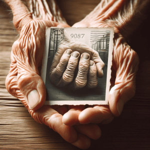 A wrinkled, aged hand gently holds a postcard, symbolizing wisdom and the passage of time. The focus is on the hand and the postcard, with a slightly blurred background to highlight the contrast between aging and timeless messages of love and humor.