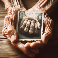 A wrinkled, aged hand gently holds a postcard, symbolizing wisdom and the passage of time. The focus is on the hand and the postcard, with a slightly blurred background to highlight the contrast between aging and timeless messages of love and humor.