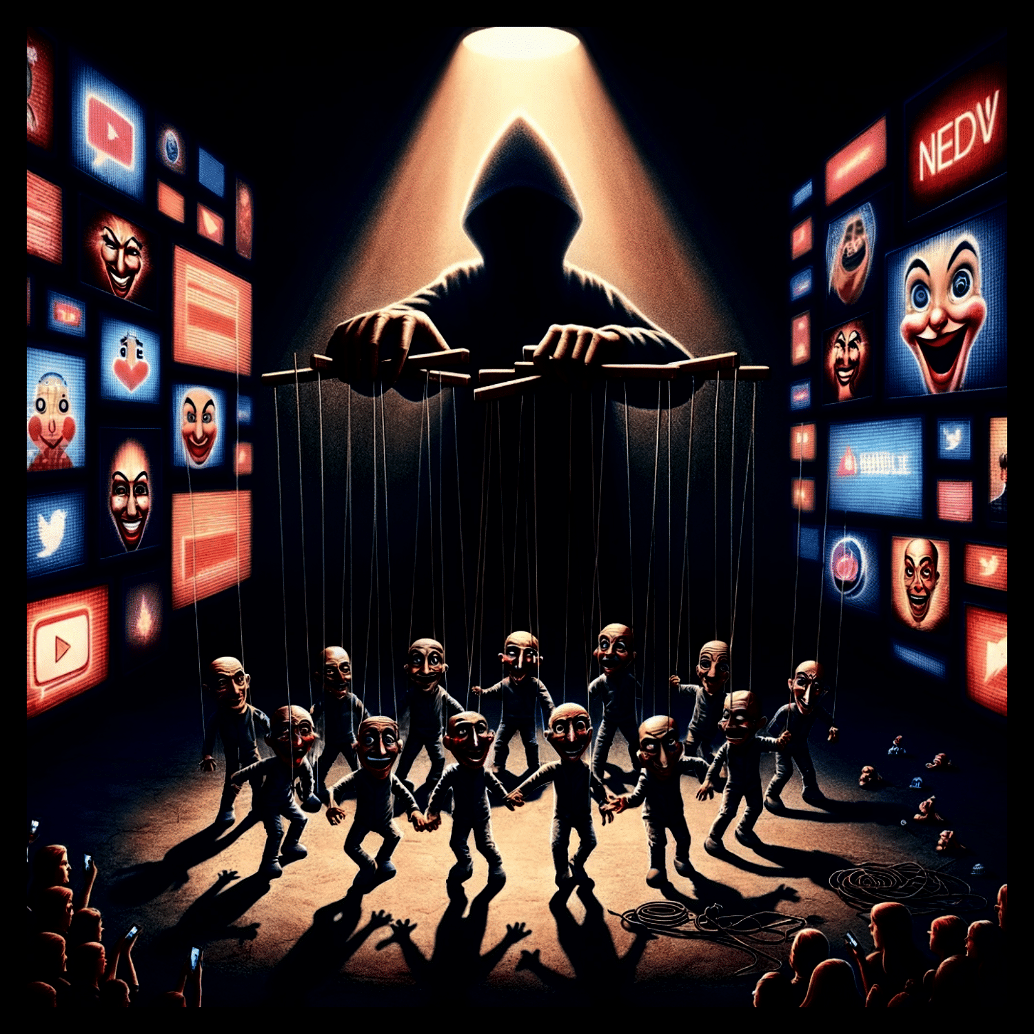 A thought-provoking scene unfolds on a dimly lit stage, where a silhouette of a puppeteer, representing a media influencer, manipulates strings attached to various puppets. These puppets, each with exaggerated expressions of anger and outrage, symbolize the audience captivated by provocations. The puppeteer's exaggerated features, such as a large mouth and wide eyes, emphasize the influencer's role in amplifying emotions. Behind, a backdrop of digital screens glows with sensational headlines and emotive emojis, highlighting the digital sphere where these dynamics play out. Disconnected strings on the stage floor represent individuals who've broken away from this manipulation, suggesting a glimmer of awareness and resistance.
