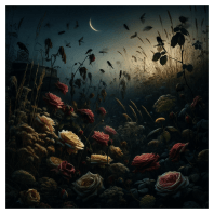 An overgrown garden at twilight, with wild grass, weeds, and roses in shades of red, yellow, and pink under a crescent moon.