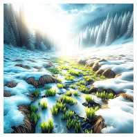 A serene landscape where winter transitions to spring, with patches of vibrant green grass poking through melting snow under a soft, warming sunlight.