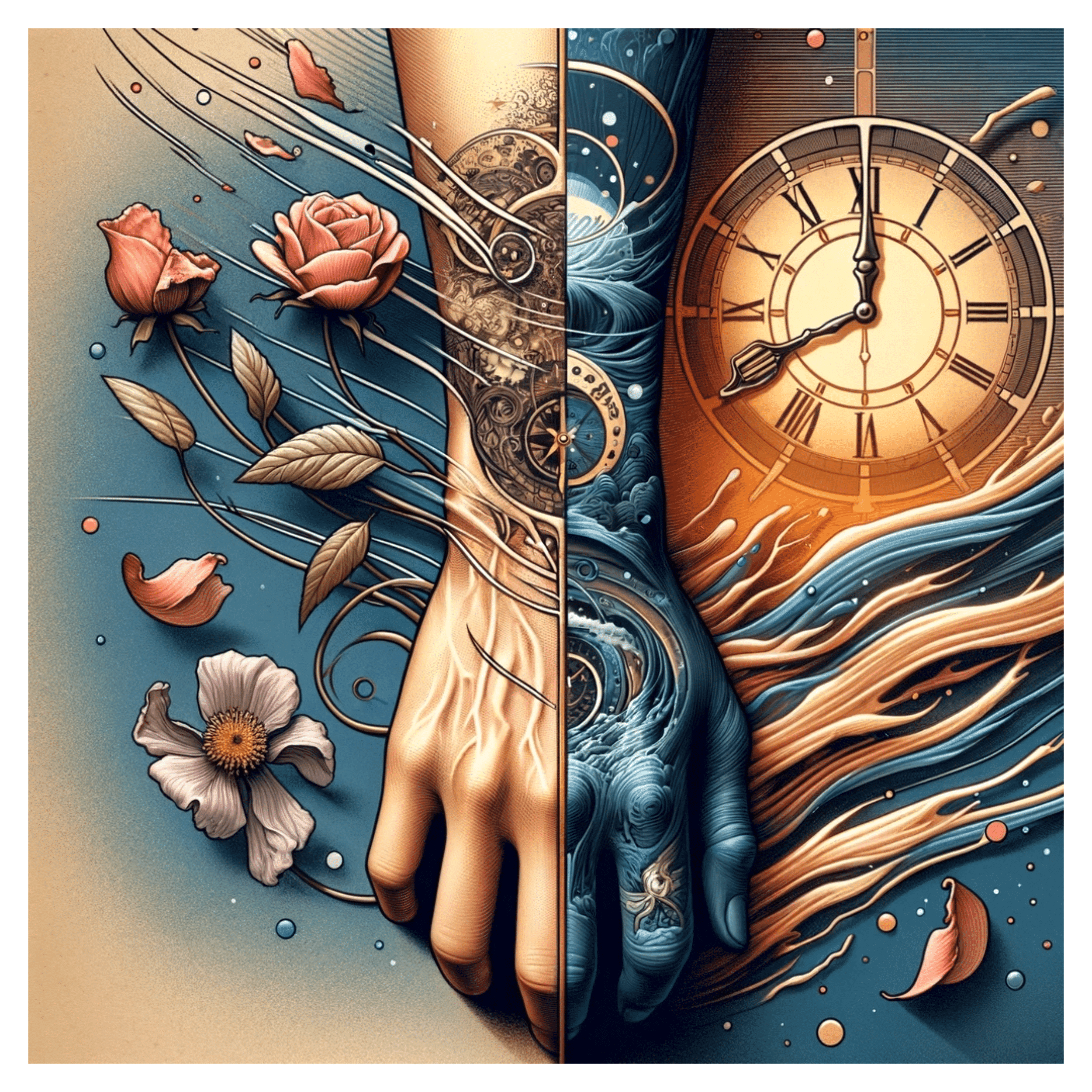 Conceptual illustration divided into two halves. Left side shows symbols of change, like a wilting flower and fading paper tattoo design, against a backdrop of a spinning clock. Right side depicts a smooth, youthful hand with a glowing compass tattoo on the wrist, symbolizing timeless personal expression. A semi-transparent veil with abstract patterns separates the halves, reflecting the balance between public perception and personal identity, all set against a mix of cool and warm colors.