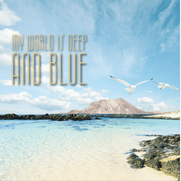 The blues of sea and sky dominate the scene from the sandy beaches of Fuerteventura.
