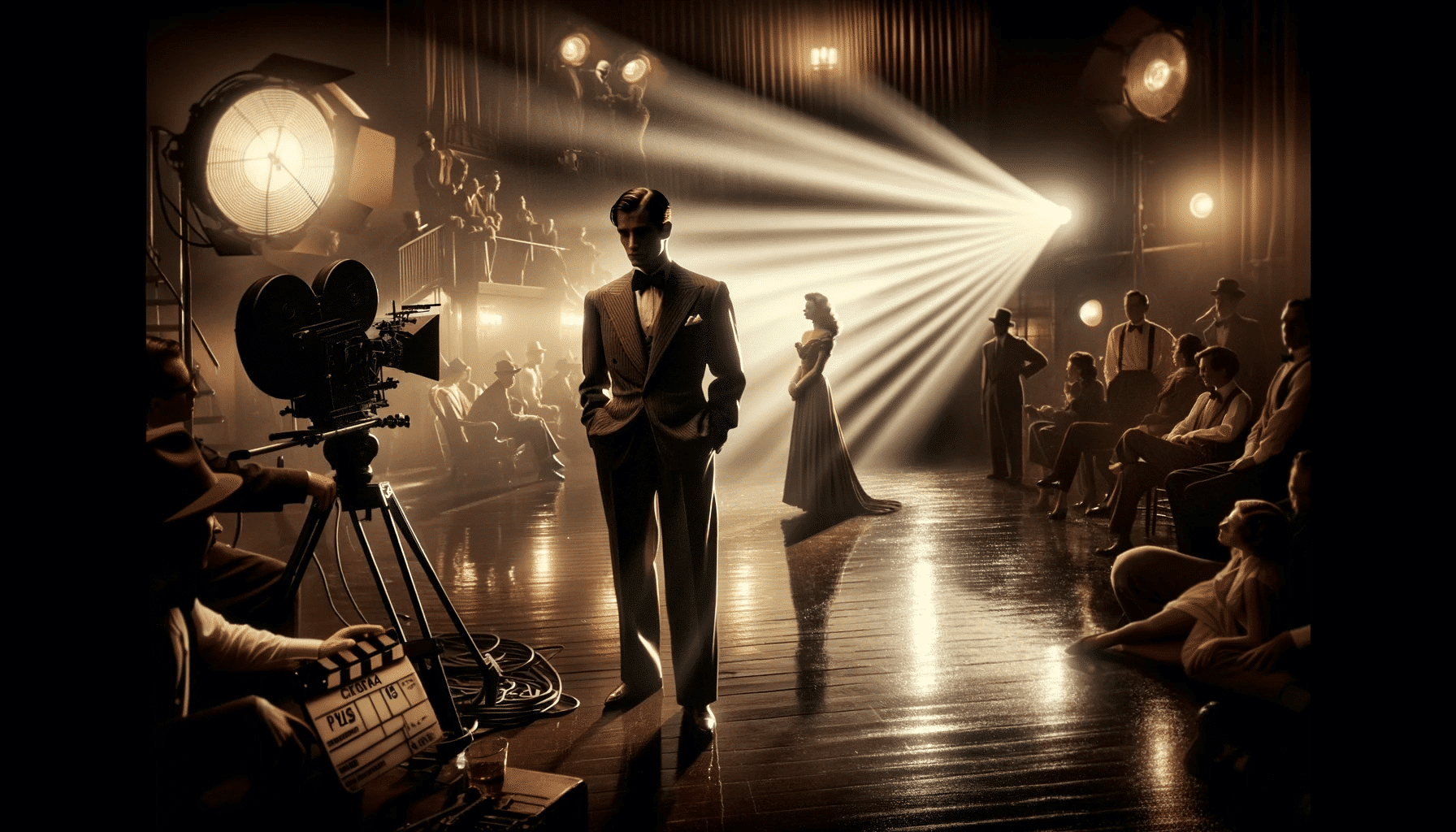 A widescreen image depicting a male character standing discreetly outside a pool of light on a vintage Hollywood movie set, symbolizing subtle influence.