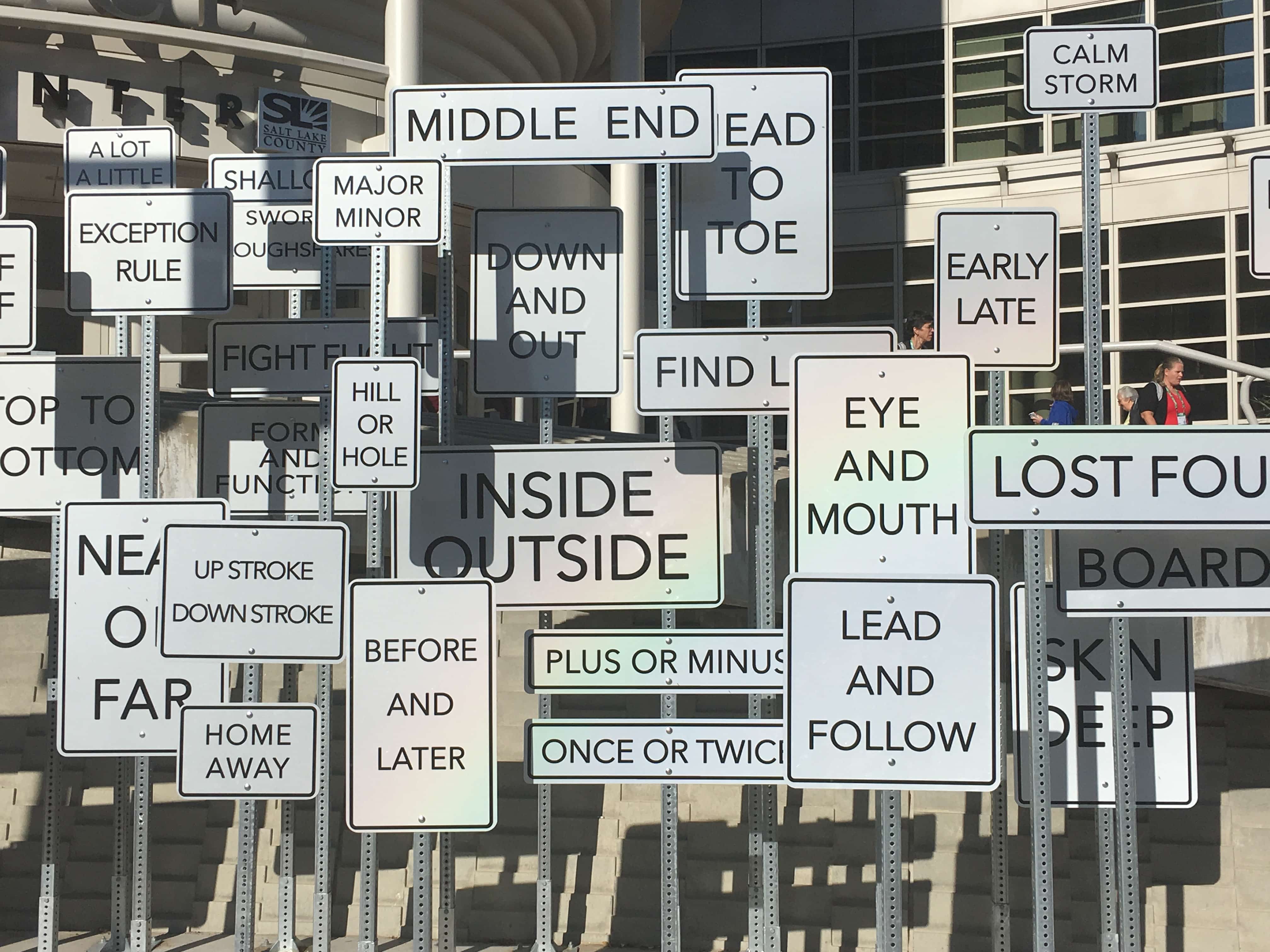 Traffic sign art installation is the scene at the Salt Palace, Salt Lake City, Utah.