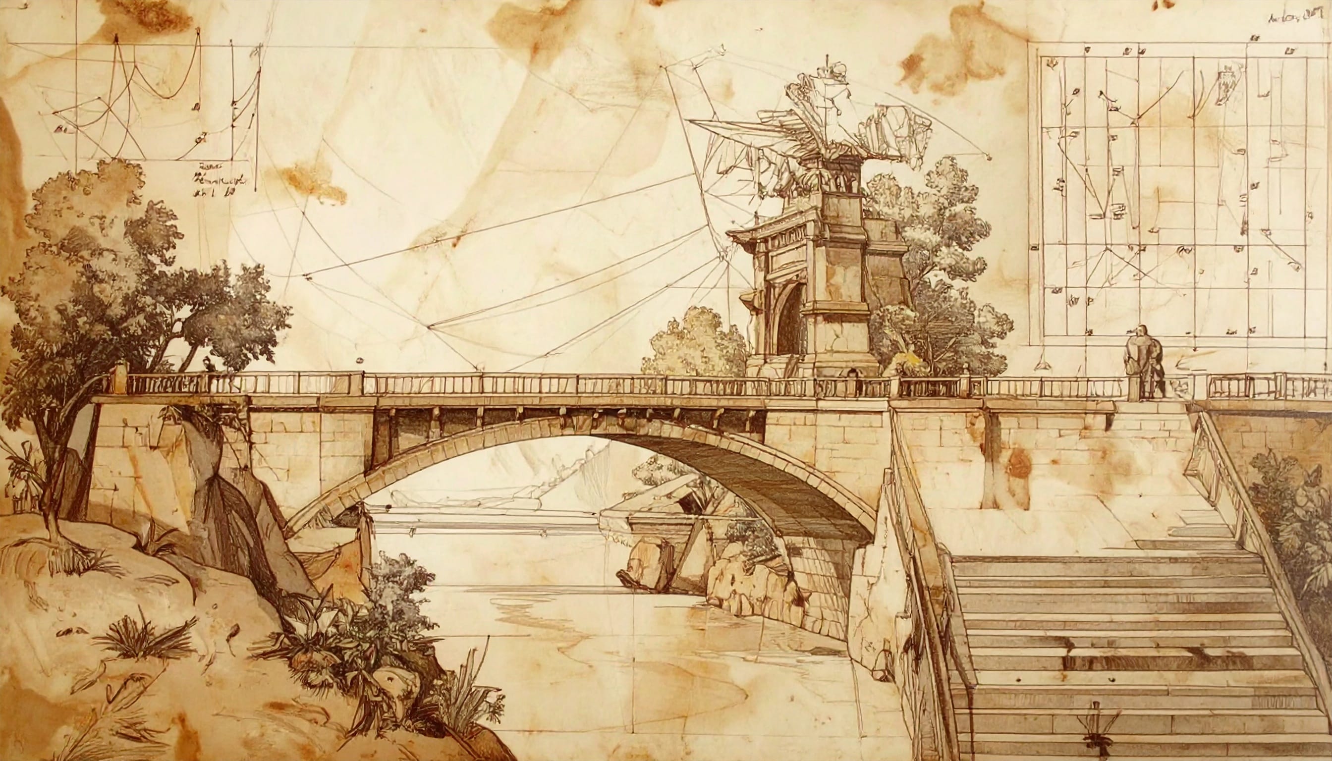 Teaching balance concept art inspired by Da Vinci sketches with a bridge.