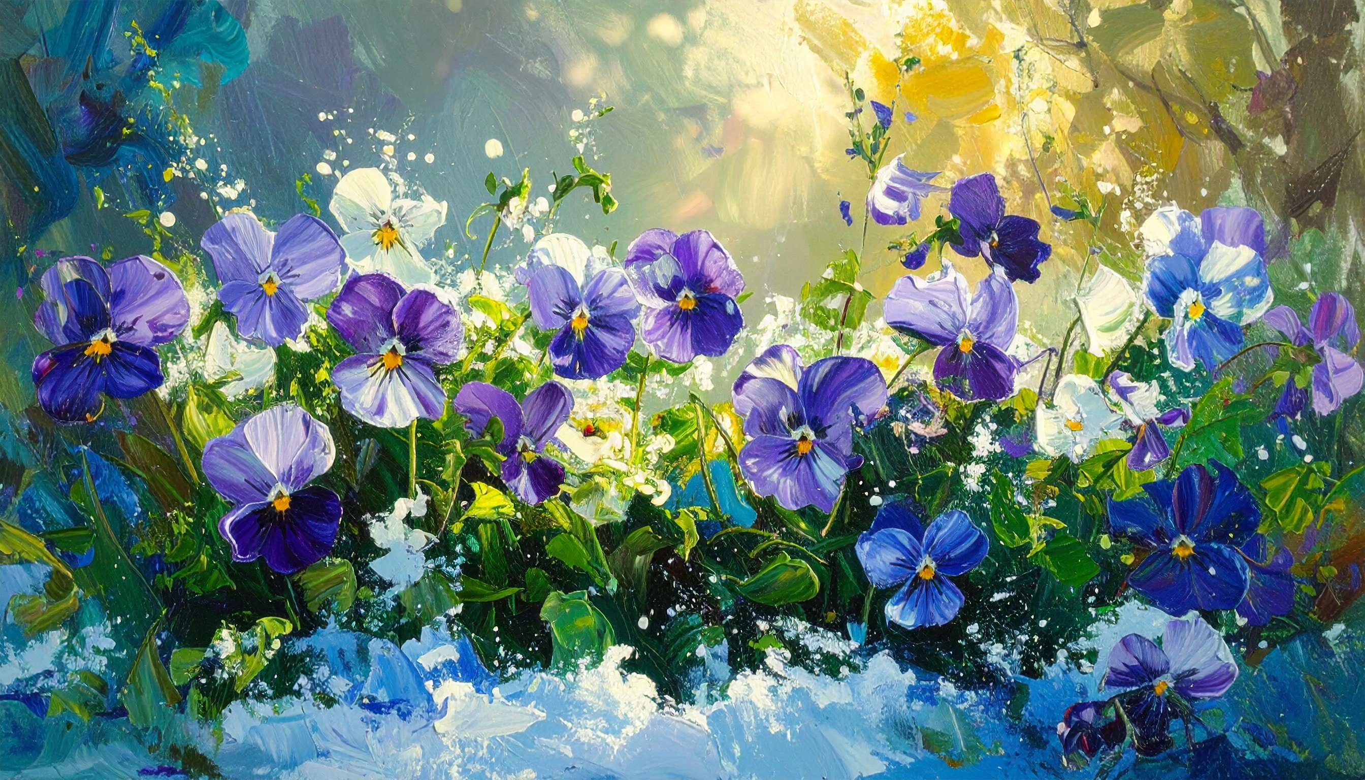 Purple and white pansies push through thawing snow.