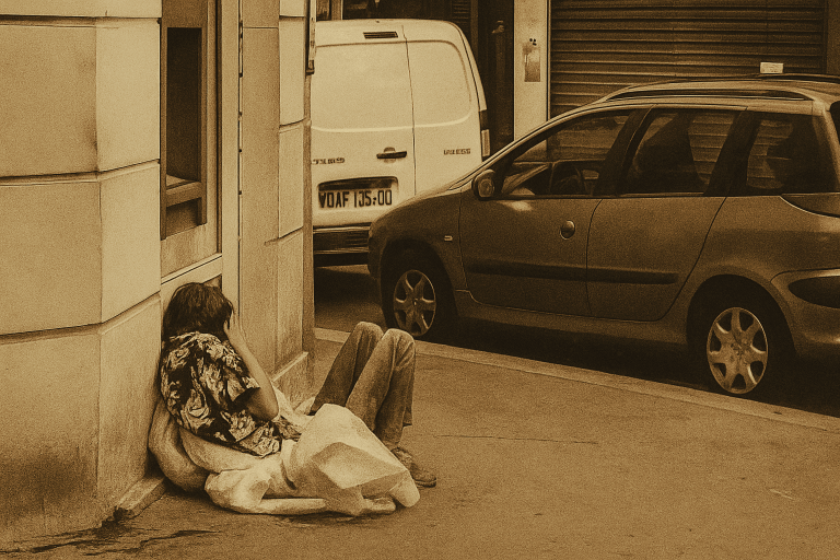 A person sits on the sidewalk beside a building, wrapped in a blanket, with parked cars in the background.