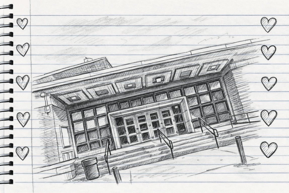 Notebook-style pencil sketch of a school entrance with hearts in the margins, illustrating memory and reflection in the poem Twenty Twenty