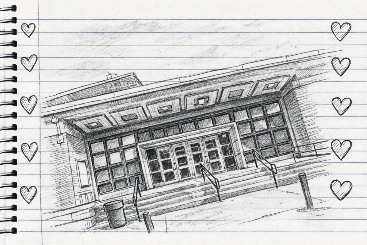 Notebook-style pencil sketch of a school entrance with hearts in the margins, illustrating memory and reflection in the poem Twenty Twenty